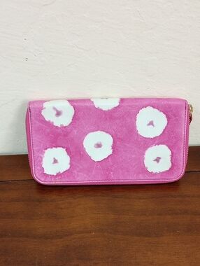 Anthropologie Pink And White Floral Zip Around Continental Leather Wallet